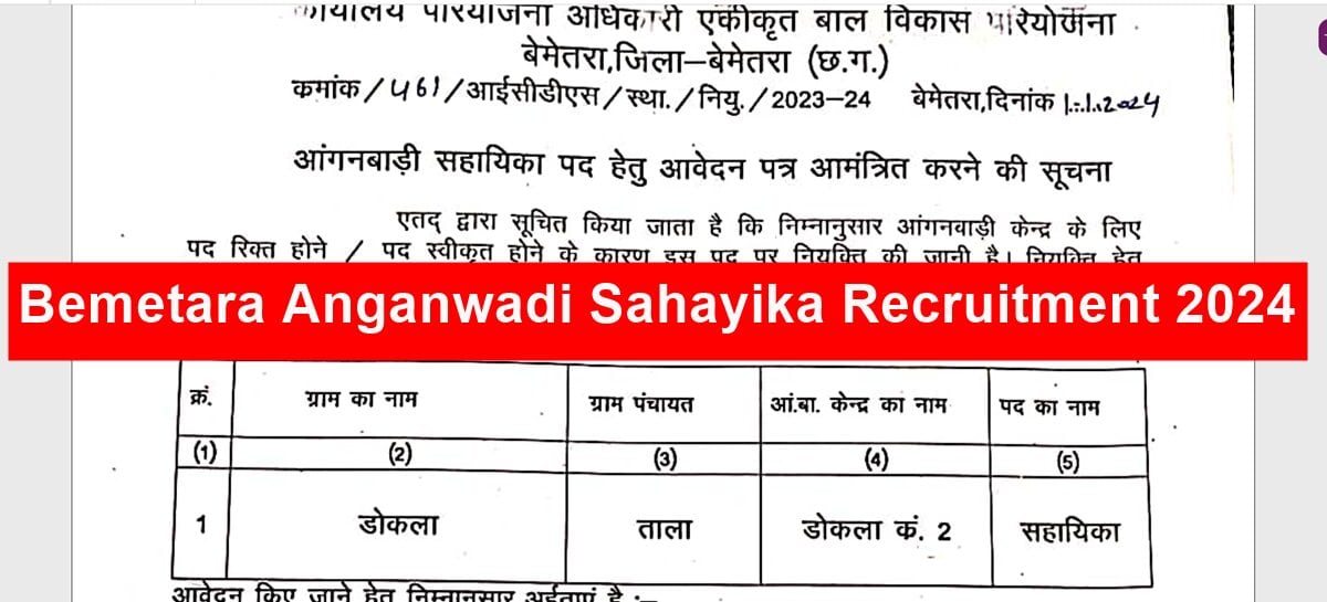 Bemetara Anganwadi Sahayika Recruitment 2024